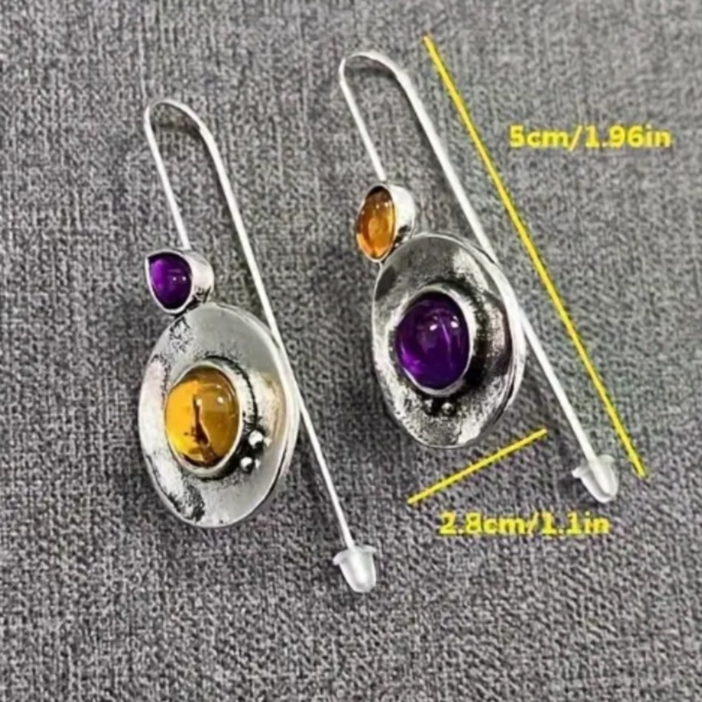 Earrings Dangle NIP  Unique purple and yellow stone silver tone. 2” x .80” - Picture 9 of 9